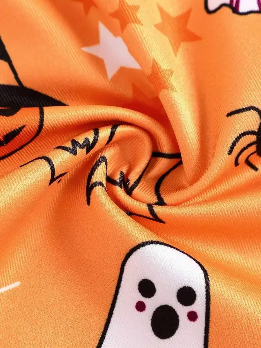 

Mens Orange Halloween Boxer Shorts With Cartoon Ghost Pumpkin Bat Spider Web Print