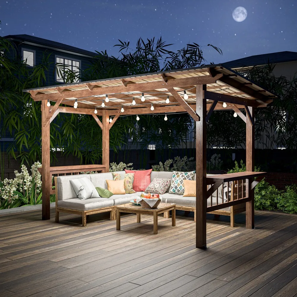 ！@13' X 6.5' Modern Wooden Pergola Grill Gazebo Metal Roof LED Bulbs Bar Counters Outdoor BBQ Pavilion Patio Outdoor Furniture