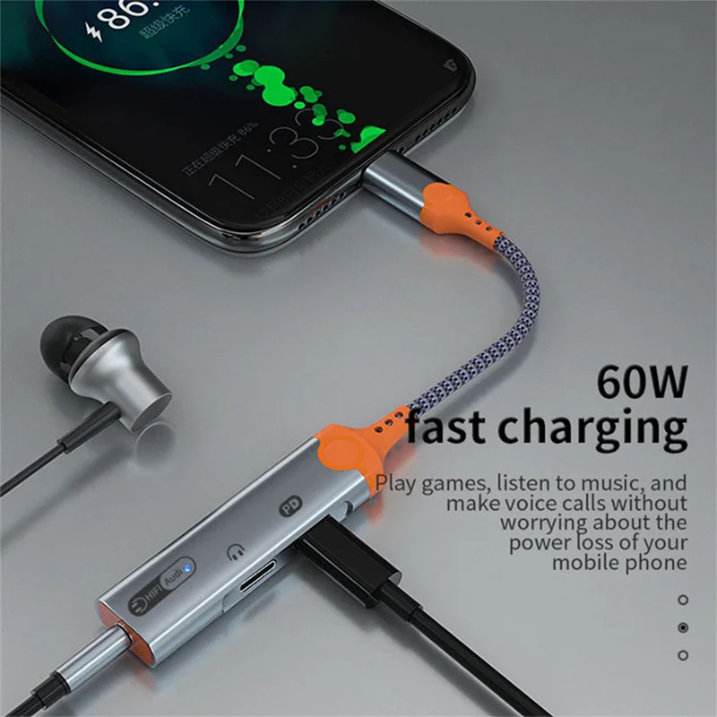 AD11 3 in 1 Headphone Jack Adapter PD60W Fast Charging Splitter Type C to 3.5mm DAC Audio Dual Type C Earphone Converter-B