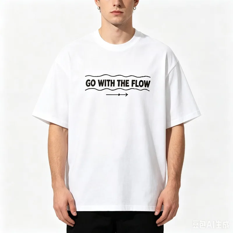 Men Go With The Flow Slogan T-Shirt Wave Arrow Camping Fishing SUP Skate Rock Short Sleeve White Black Casual Tee view 2