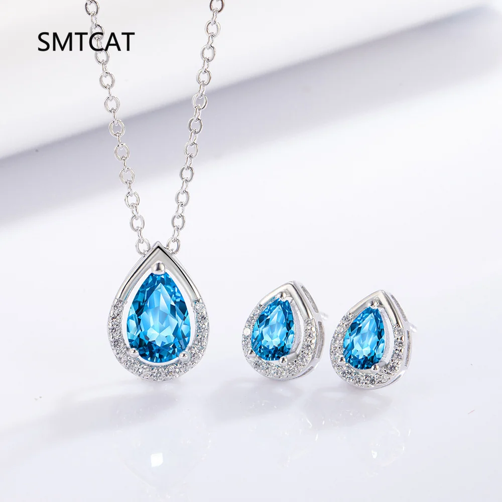 

Комплект ювелирных изделий из стерлингового серебра 925 пробы с натуральным синим топазом грушевидной огранки, ожерелье с каплями воды + серьги, драгоценный камень, ювелирные изделия для женщин, подарок
