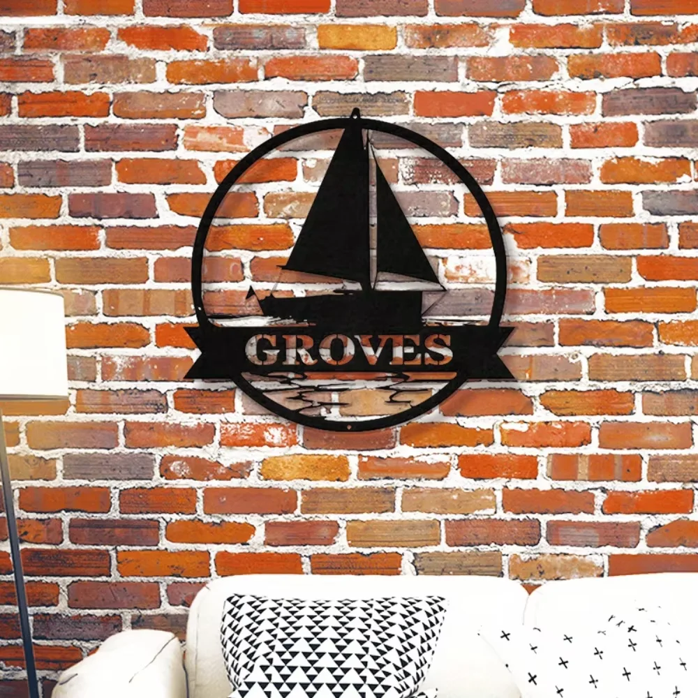 Personalized Handmade Sailboat Metal Wall Art  Nautical Themed Monogram Door Hanger, Distinctive for Housewarming