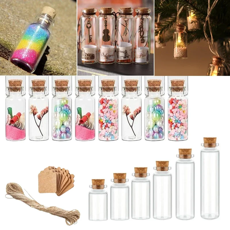 

50Pcs 5ml-30ml Empty Mini Clear Glass Bottles w/ Corks&Tags Wishing Bottles DIY Art Gravel Vials For Wedding Party Favors Decor