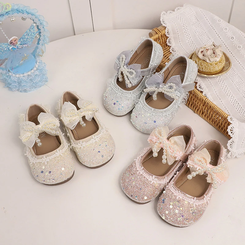 Girls Sparkly Sequins Leather Shoes with Cute Bow 2026 New Spring Summer Kids School Dance Shoes Soft Sole Trendy Party Footwear