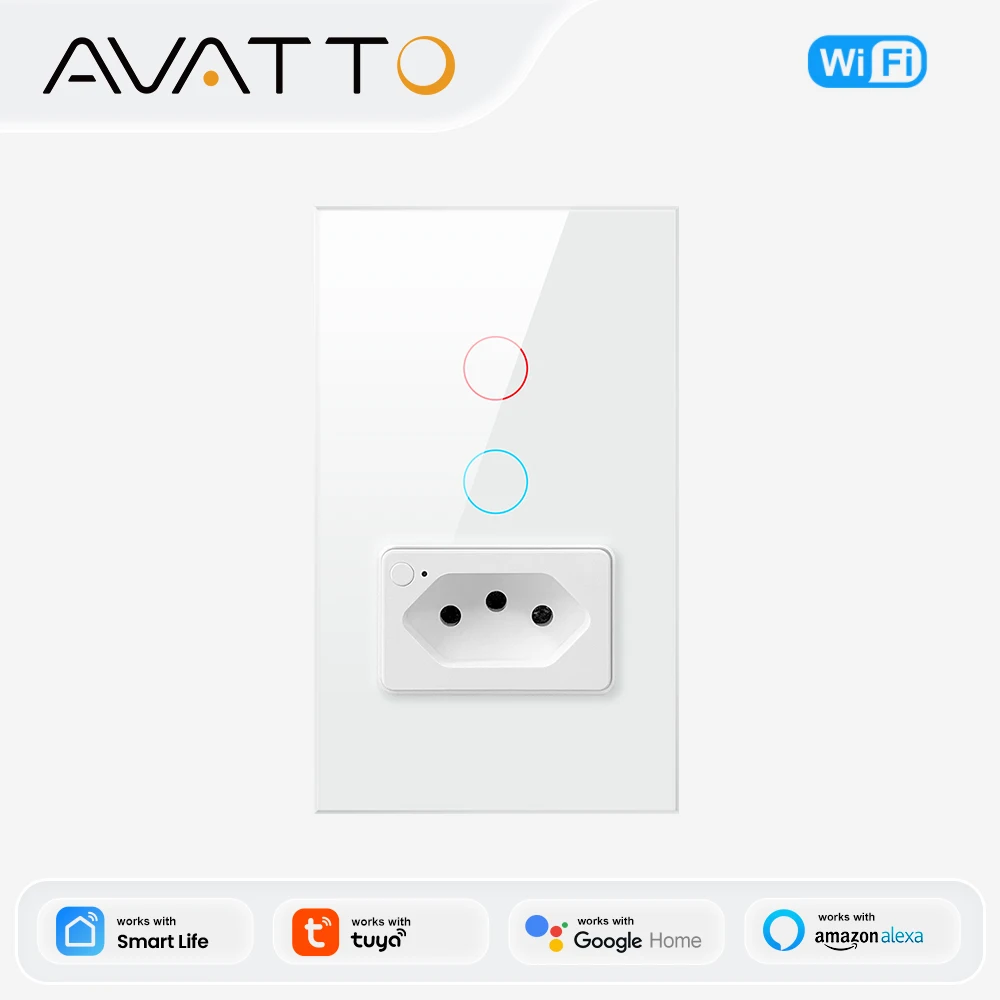AVATTO Tuya Brazil WiFi Wall Switch with Socket,Touch-Sensor interruptor 1/2gang Smart Light Switch work with Alexa Google Home