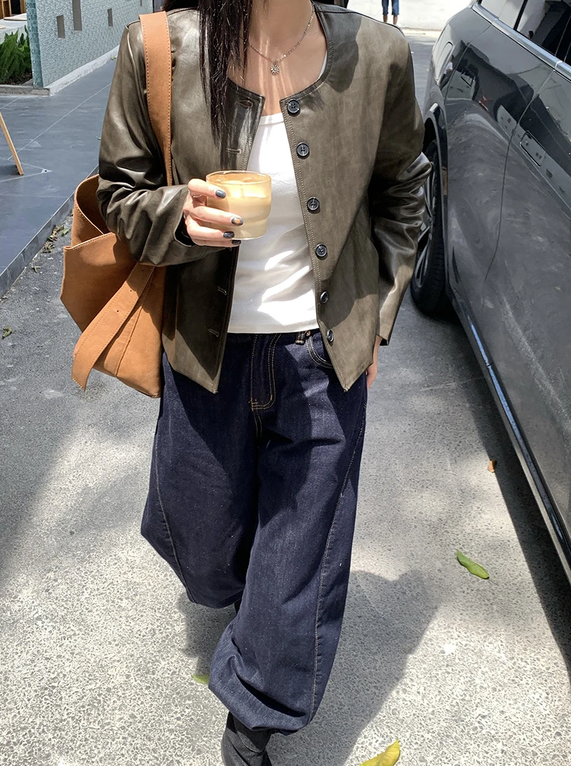 

Матовый женский джет из искусственной кожи, свободный крой, круглый, утягивающий гонконгский топ Sle Ele, крутой универсальный топ-джат