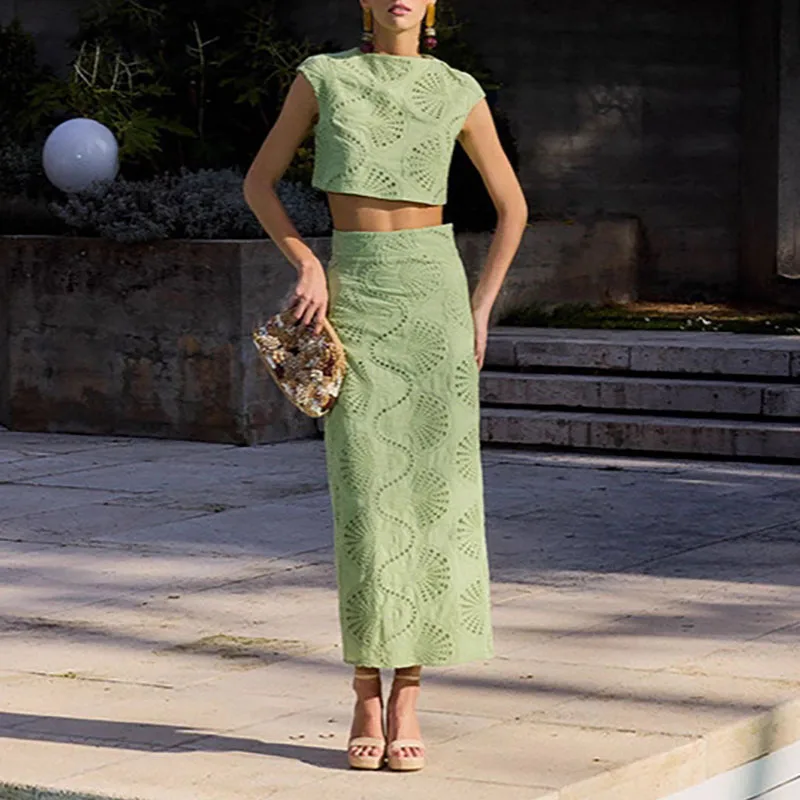 

Ladies O-neck Short Sleeved Top and Long Skirt Summer Suits Sexy Hollowed Out Beach Two Piece Set Casual Split Holiday Outfits