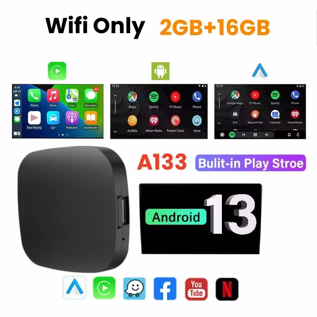 Android 13 Ai Box Bedraad naar Draadloos Carplay Android Auto Adapter WiFi Voor Youtube Nexflit Auto's Smart Ai Box Bulit in Play Stroe