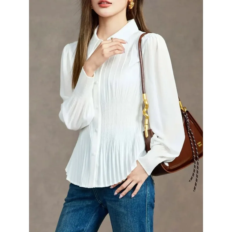 

Новинка 2023 года, осенняя рубашка средней длины, топ на талии, шифоновая рубашка с длинными рукавами, женский универсальный кардиган в иностранном стиле