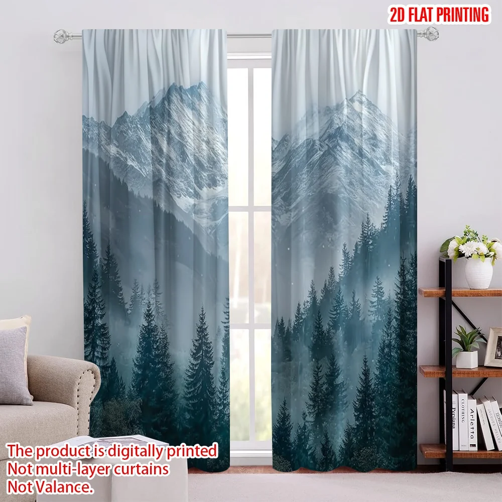 2pcs 2D flat printing Party Curtain Mountains Forest Snowy Scenery Digital Printed Polyester Drapes Seasonal Party & Holiday