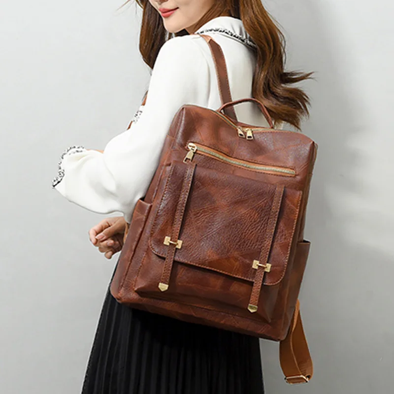 Vintage Women\'s Bag Large Capacity Leather Daily Commute Travel Women\'s Backpack Shopping