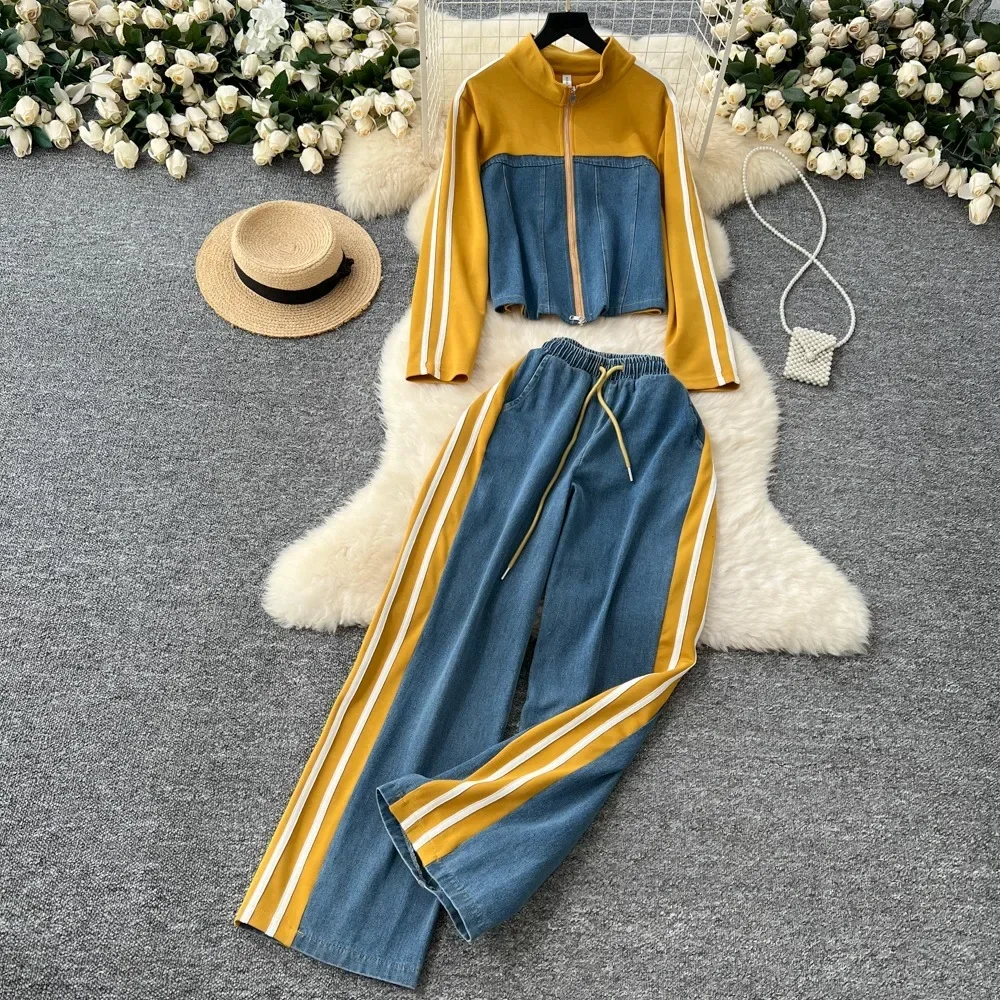 Neploe Hong Kong Style Stand Collar Long Sleeve Vintage Sets Coat Lace Up Straight Wid Leg Pants Casual Denim Moda Suit Trousers