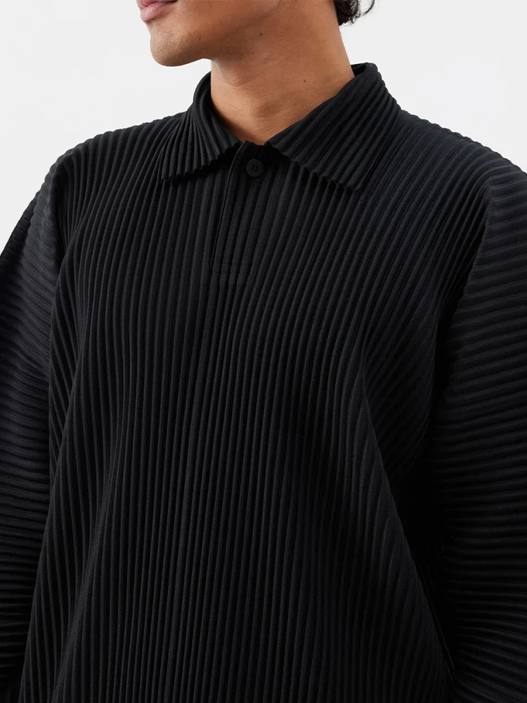 Miyake Pleated Men Polo Shirt Long-sleeved Lapel T Shirt Full Sleeves Breathable Casual