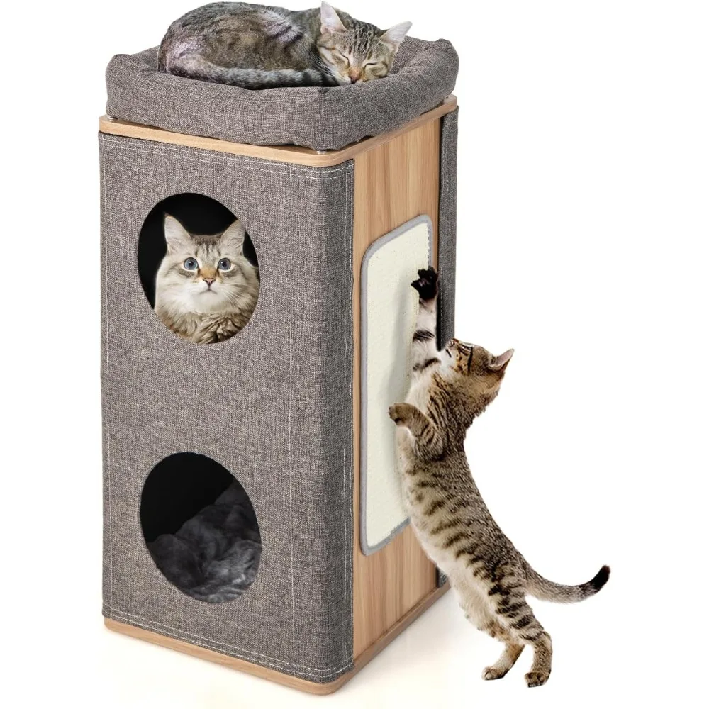 

Cat Tree Condo, Wooden Cat House with Scratching Board, Hideaways & Removable Soft Top Plush Bed, Modern Barrel-Shaped Tower