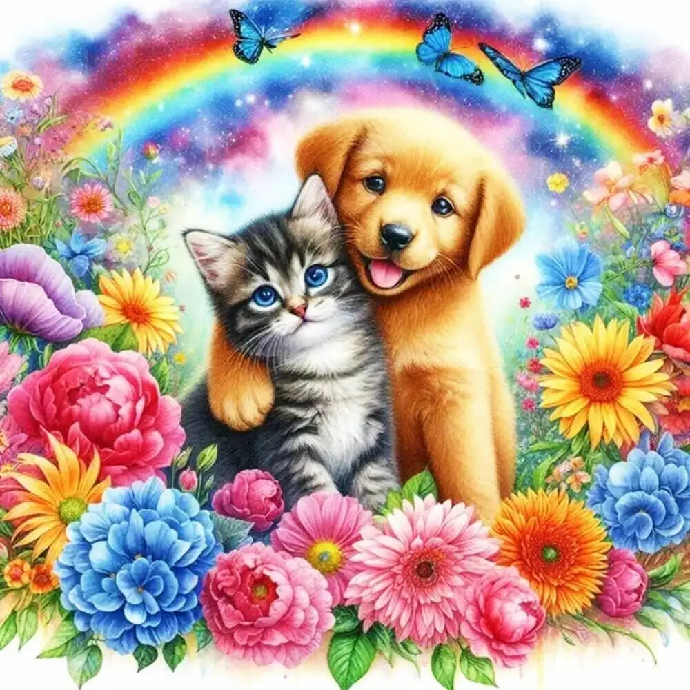 HUACAN 5D Diamant Malerei Katze Hund Tier DIY Kit für Erwachsene Diamant Mosaik Pfingstrose Blume Stickerei Regenbogen Wanddekoration Geschenk