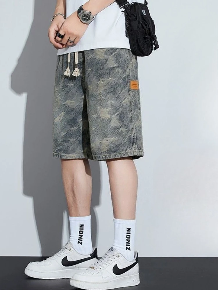 

Men's Stylish Camouflage Denim Shorts for Summer Loose Fit High Street Fashion American Retro Drawstring Casual Mid-Length
