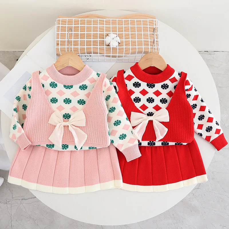 

Girls Dress Clothes Sets Spring Autumn Children Knitted Sweaters Coats Skirts 2pcs Party Suit For Baby Girl Costume Kids Outfits