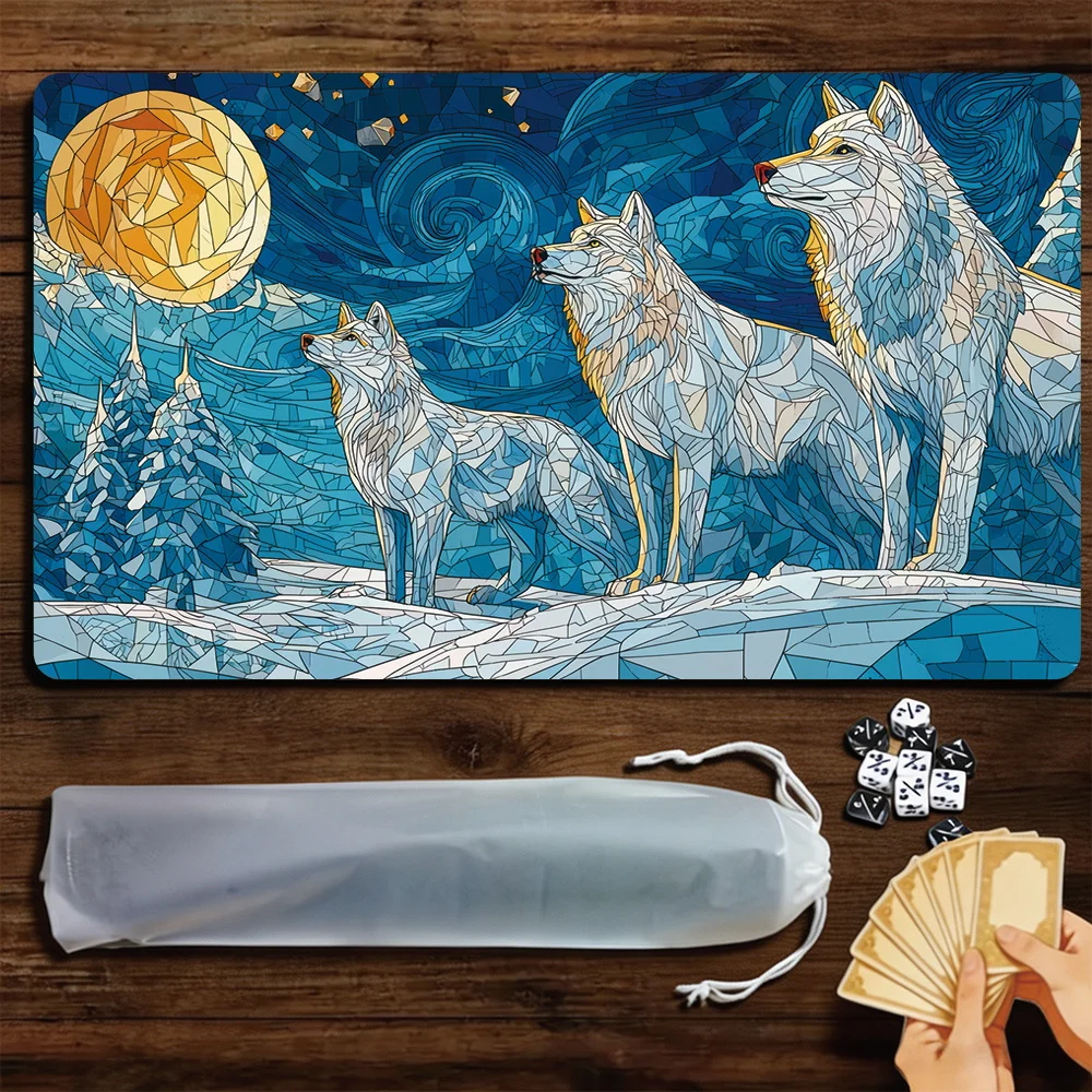 Icefield Snow Wolf TCG Playmat Magic Playmat Gathering Gaming Mat with Stitched Edge Anti-slip base 60X35cm Trading Card Game