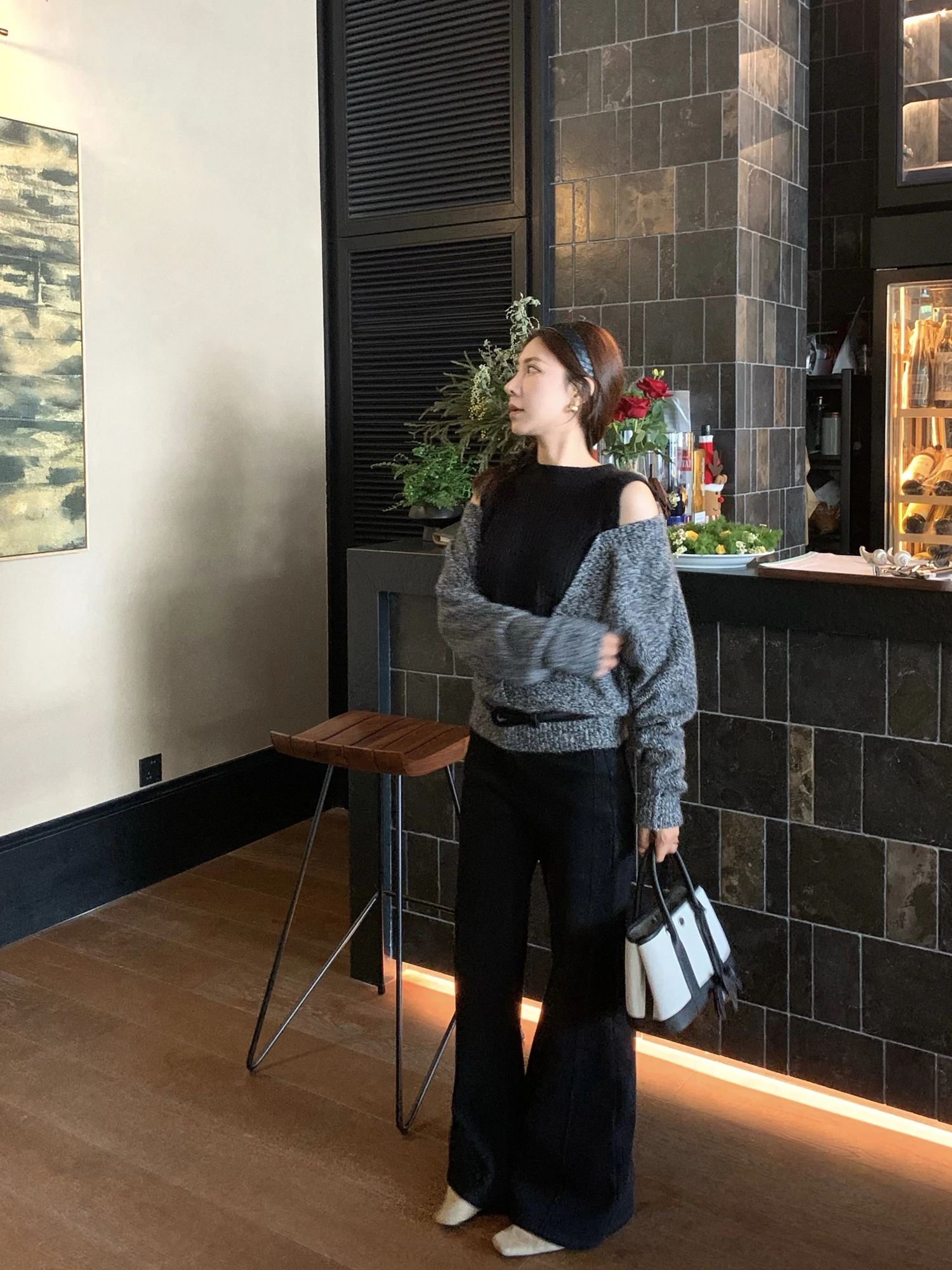 

Iceybella oulder-baring Wool Blend Sweater for Par Cleanfit Loose Sle Color Blo Camere Long Sve Thi Winter Swe...