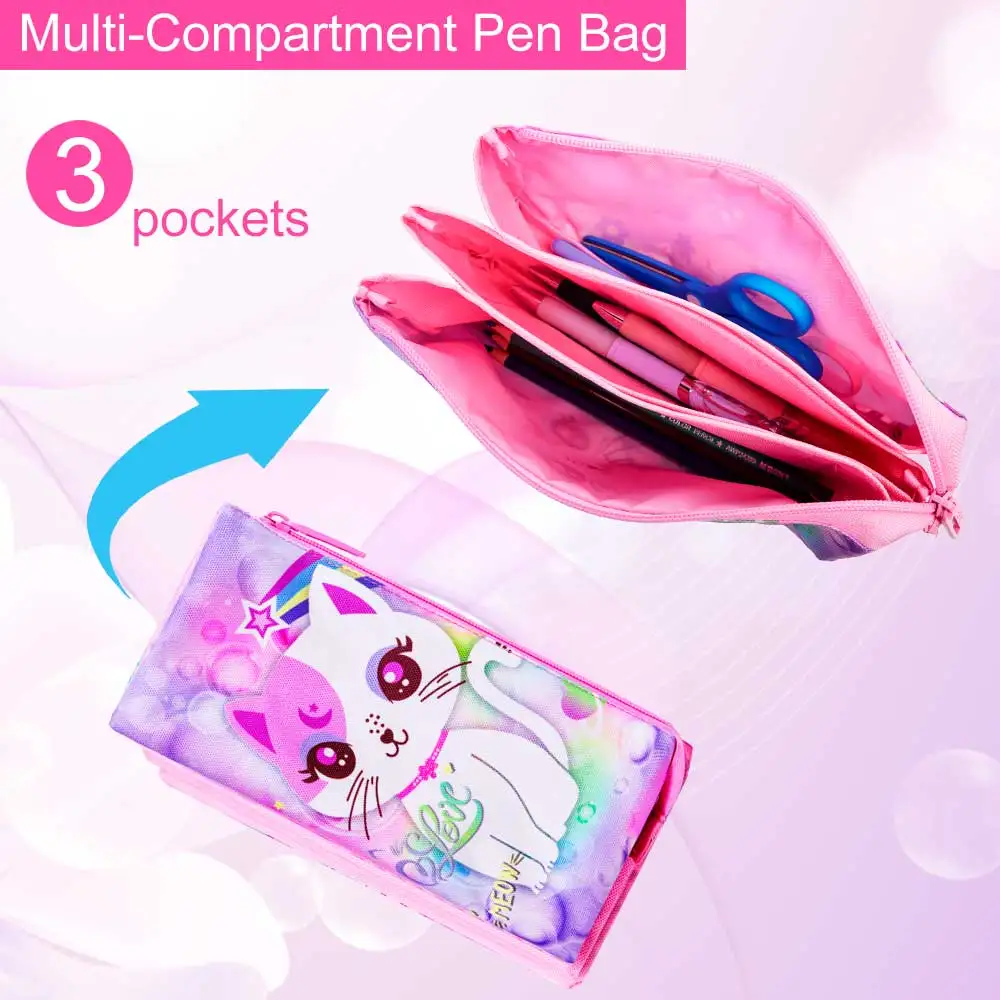 3PCS meisjesrugzak, 16” kinderkattenboekentas met pailletten en lunchbox, waterbestendige schooltas voor elementaire kleuterschool