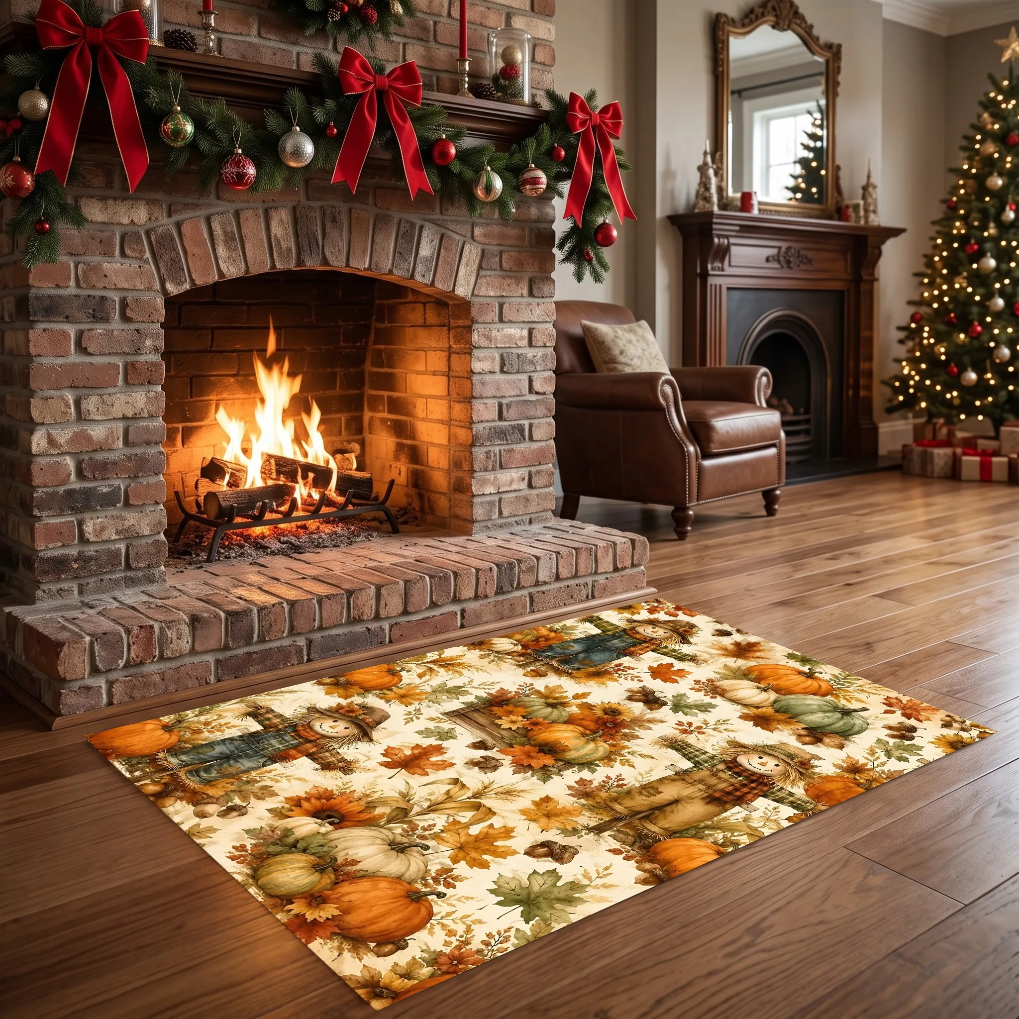 Scarecrow Pumpkin Autumn Maple Print Retro American Country Thanksgiving Velvet Rug for Living Room, Bedroom, and Entryway