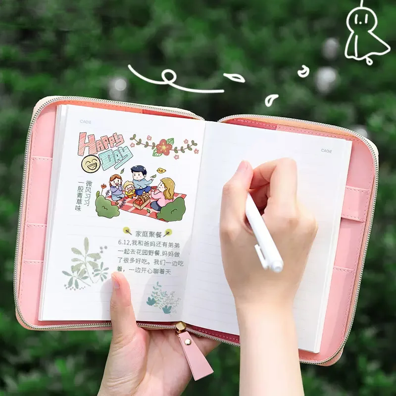 Cuaderno de bocetos Kawaii B6 con cremallera, Bloc de notas para estudiantes, organizador de Agenda, cuaderno de bocetos en espiral, bolsa Linda