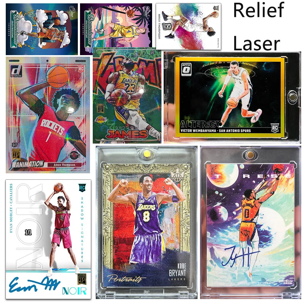 Cartão colecionável de basquete DIY feito à mão com assinaturas de Curry, Mobley, Doncic, James, Kobe, Durant e Wembanyama, com textura laser colorida e brilhante.