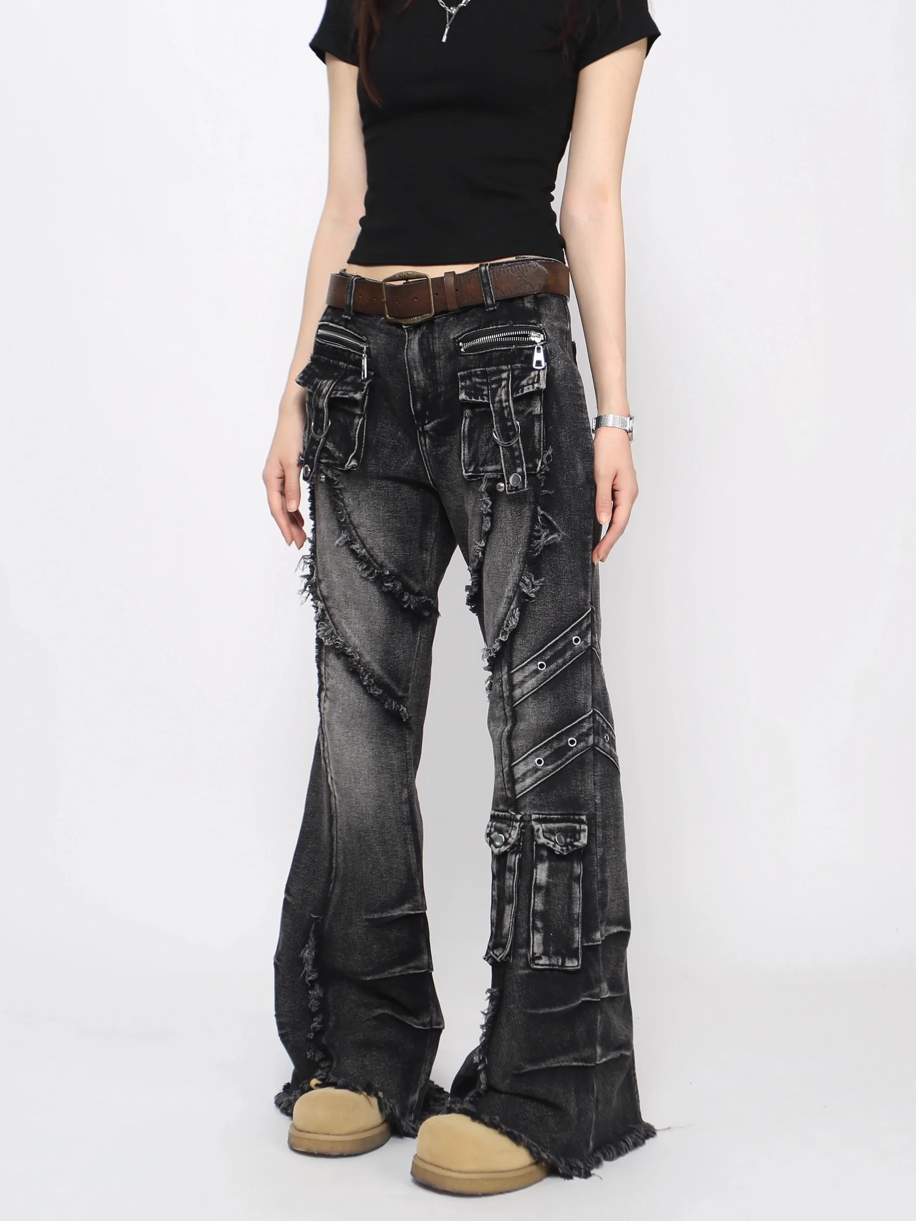 Women's Black Gothic Cargo Baggy Jeans Y2K American High Street 2000S Harajuku Aesthetic Vintage Jeans Pants Trousers Clothing