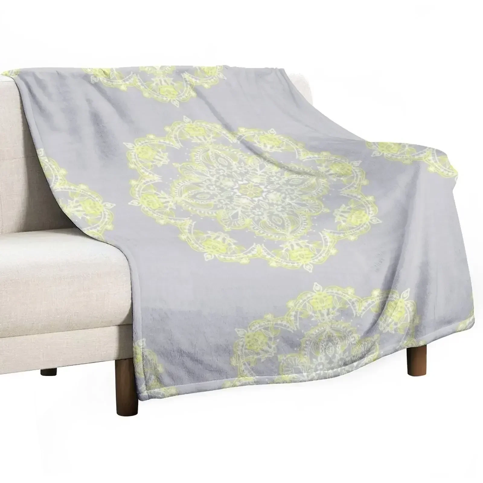 Pale Lemon Yellow Lace Mandala on Grey Throw Blanket Flannel Fabric funny gift Blankets