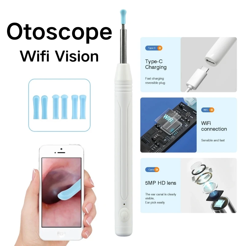 YAKISON otoscopio limpiador de oídos, otoscopio inteligente de alta precisión con cámara, luz LED, otoscopio inalámbrico, Kit de limpieza de oídos inteligente