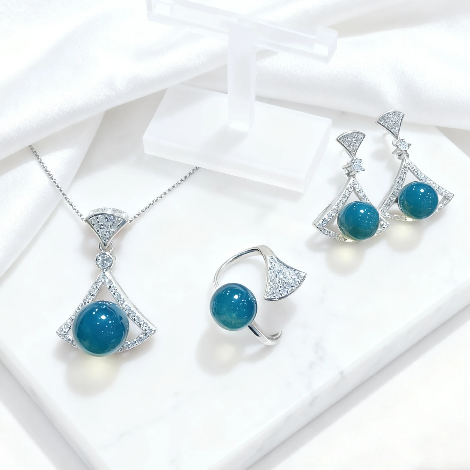 

TriangularBalticAmber Jewelry Set Sterling Silver Openwork Design White Stones Blue Amber Pendant 9mm Earrings 7mm Ring 8mm Gift