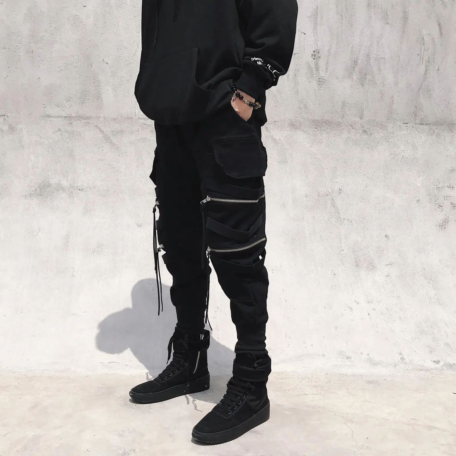 Designed workwear pants for men motorcycle style with zippers straight-cut slim-fitting cool and trendy easy-matching long pants
