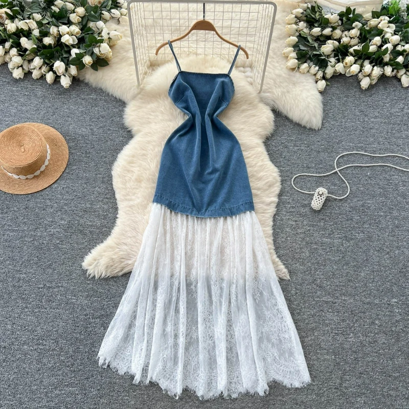 

Women Sling Dress Denim Lace Spliced Dresses Sleeveless Patchwork Mesh Elegant Vestidos A Line Lady Party Regular Summer