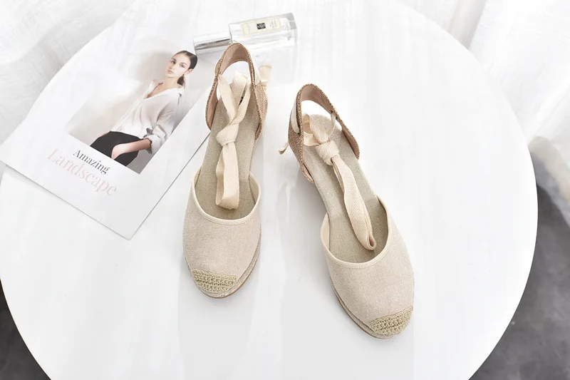 Comfort Shoes for Women Large Size Female Sandal Espadrilles Platform 2024 Summer Strappy Heels Cross Round Toe Spring Big Velve