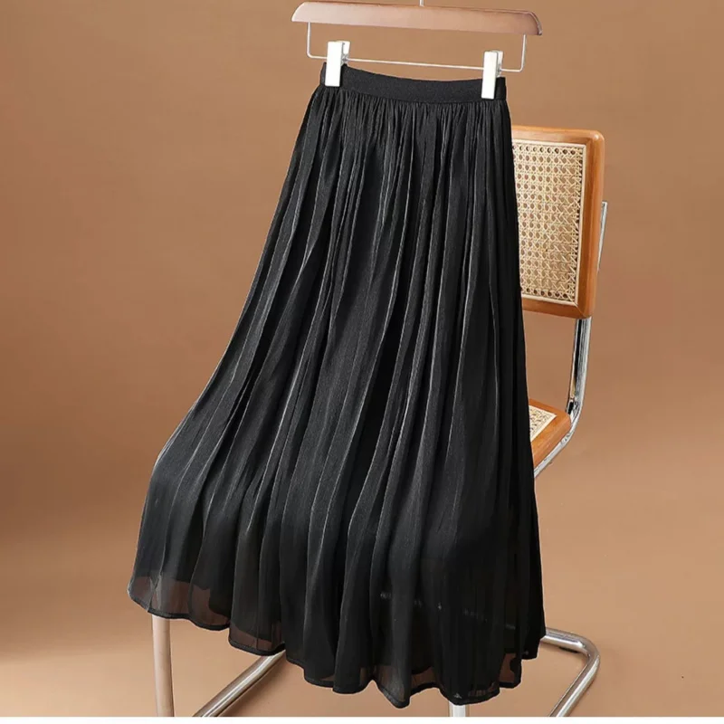 

Wrinkled Ladylike Pearlescent Flowing Gauze Skirt Half Skirt Women's Mid-length Pleated Skirt A-line Skirt Fairy Long Skirt
