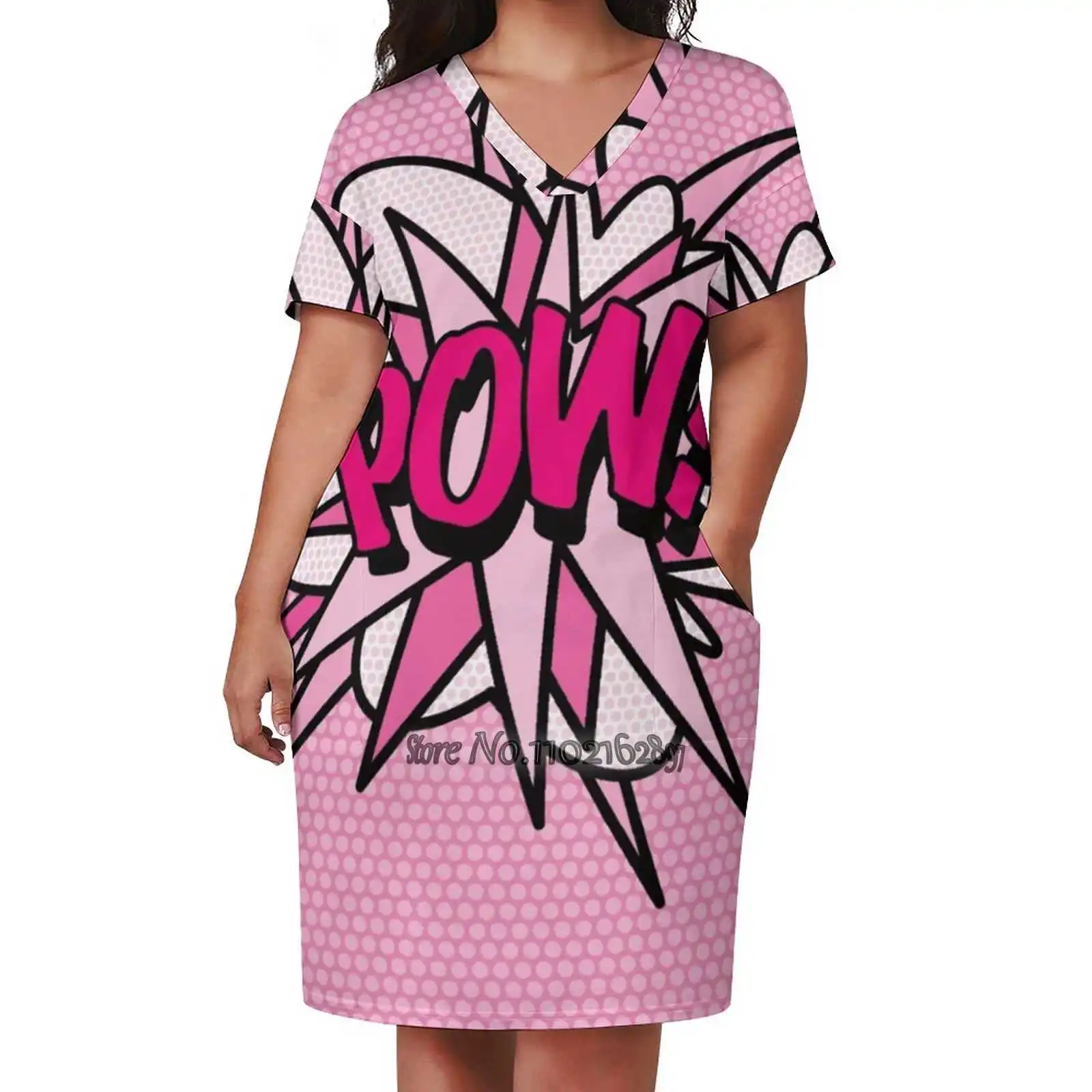 Pow Pink Comic Book Pop Art Modern Fun Typography Design V-Neck Short Sleeve Dress A-Line Skirt Women'S Clothing Office Lady