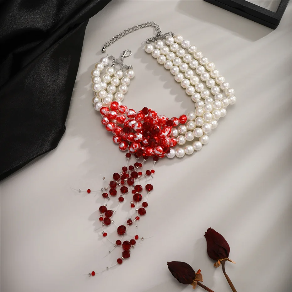 Goth Vintage Rote Blut Muster Imitation Perle Kette Halskette für Frauen Mi Braut Lange Quaste Perlen Anhänger Halloween Schmuck – Detail 8