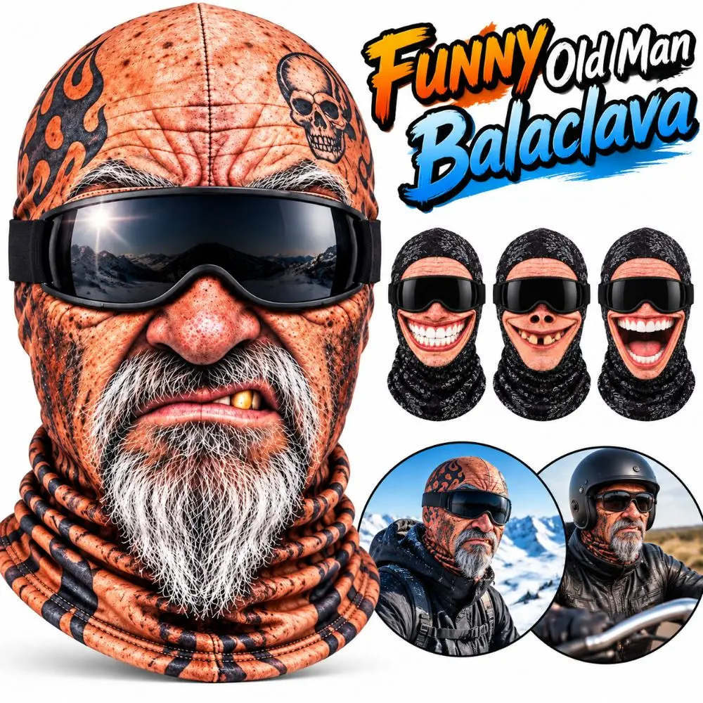 3D Face Printed Old Man Balaclava Face Mask White Mustache Full Coverage Funny Ski Mask Stretch Elastic Ski Mask Hood