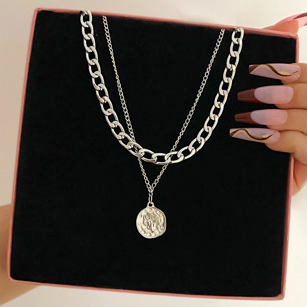 Fashionable Trendy Portrait Coins Thick Chain Necklace Double Layer Personalized Hip Hop Neck Chain Collarbone Chain For Women