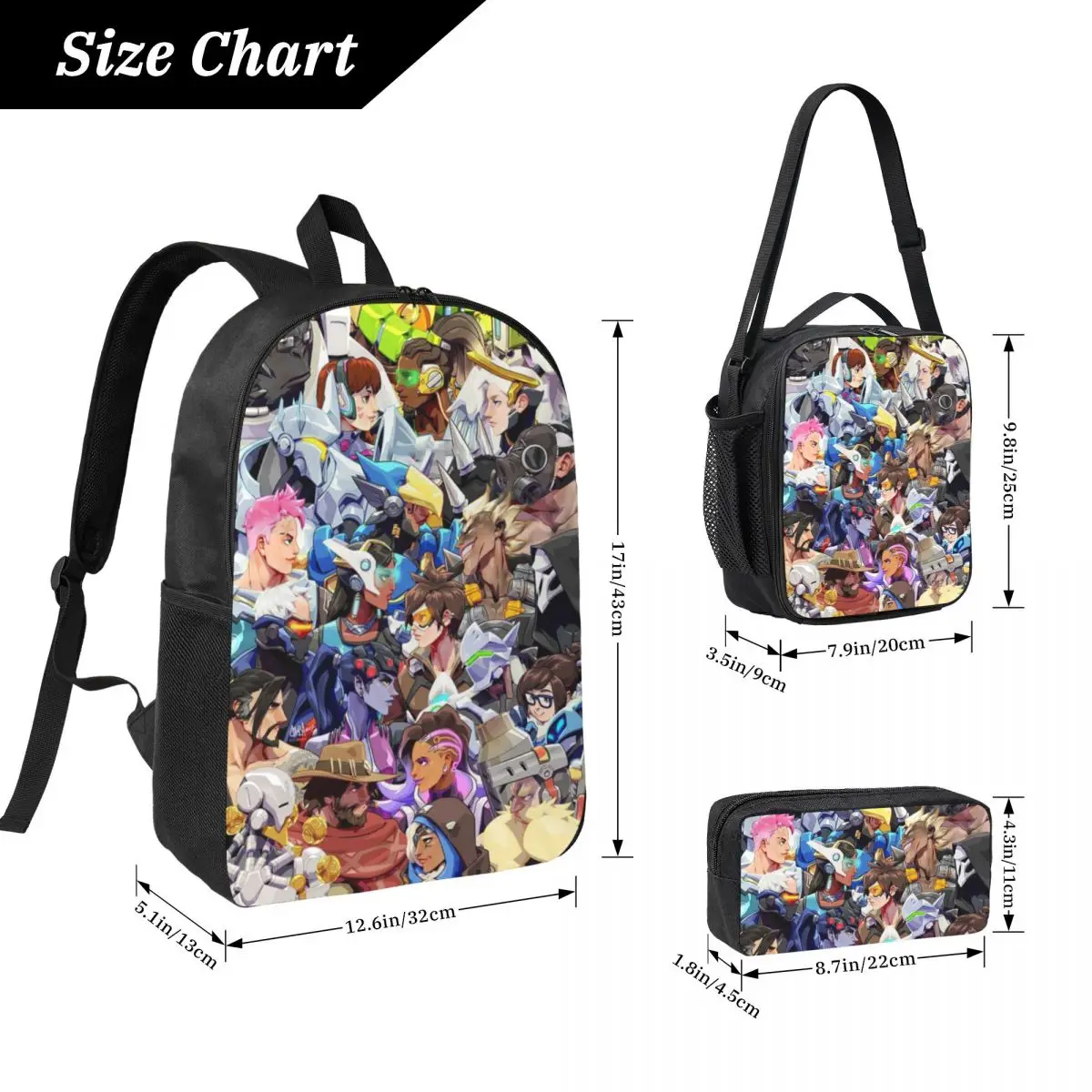 3Pcs Overwatch Accessories Backpack Set for Kids Pencil Boxes Bookbag Sets with Lunch Box For School Students Daypack