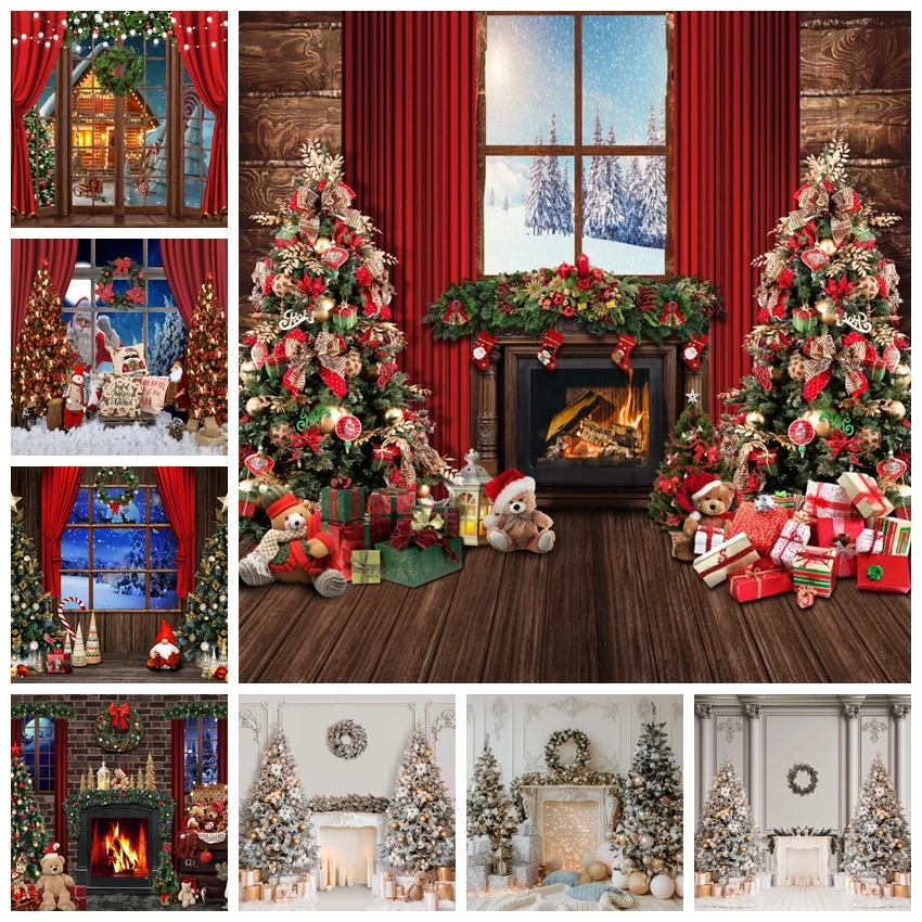 

Winter Christmas Backdrop for Photography Xmas Tree Fireplace Window Wood Floor Snow Family Patry Decor Photo Background Studio