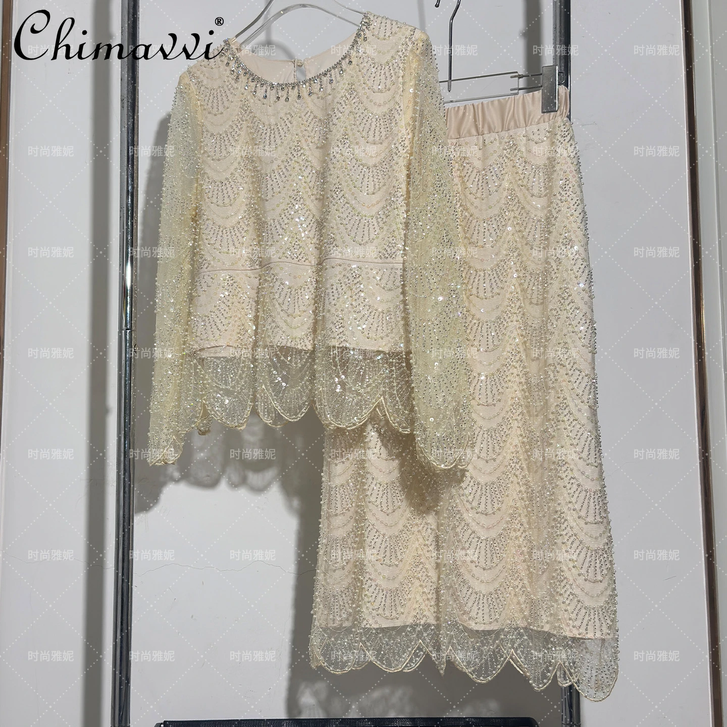 

Fashion Heavy Sequin Beaded Pearl Round Neck Mesh Long Sleeve Top Elegant Mid-Length Skirt Set 2025 New Women's Two-Piece Set