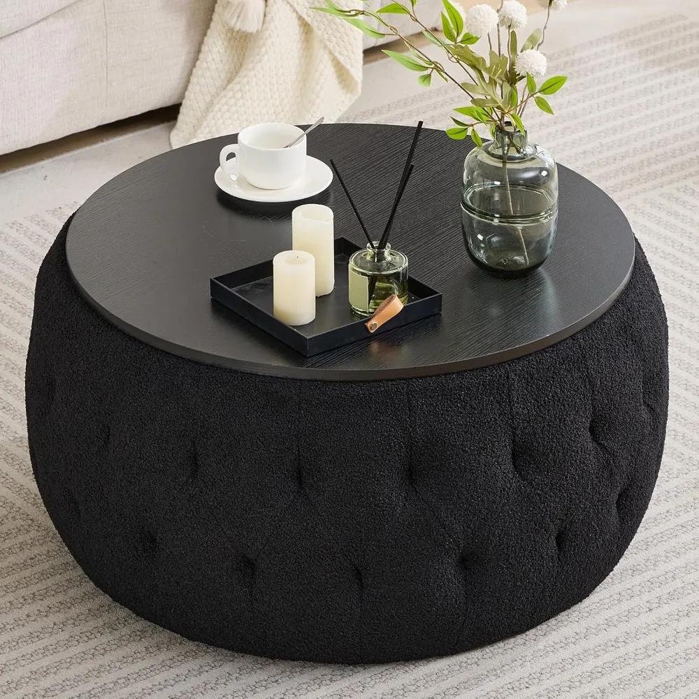 Round Storage Ottoman with Wooden Lid, Tufted Teddy Fabric Circle Ottoman Footrest Stool Bench Coffee Table for Living Room