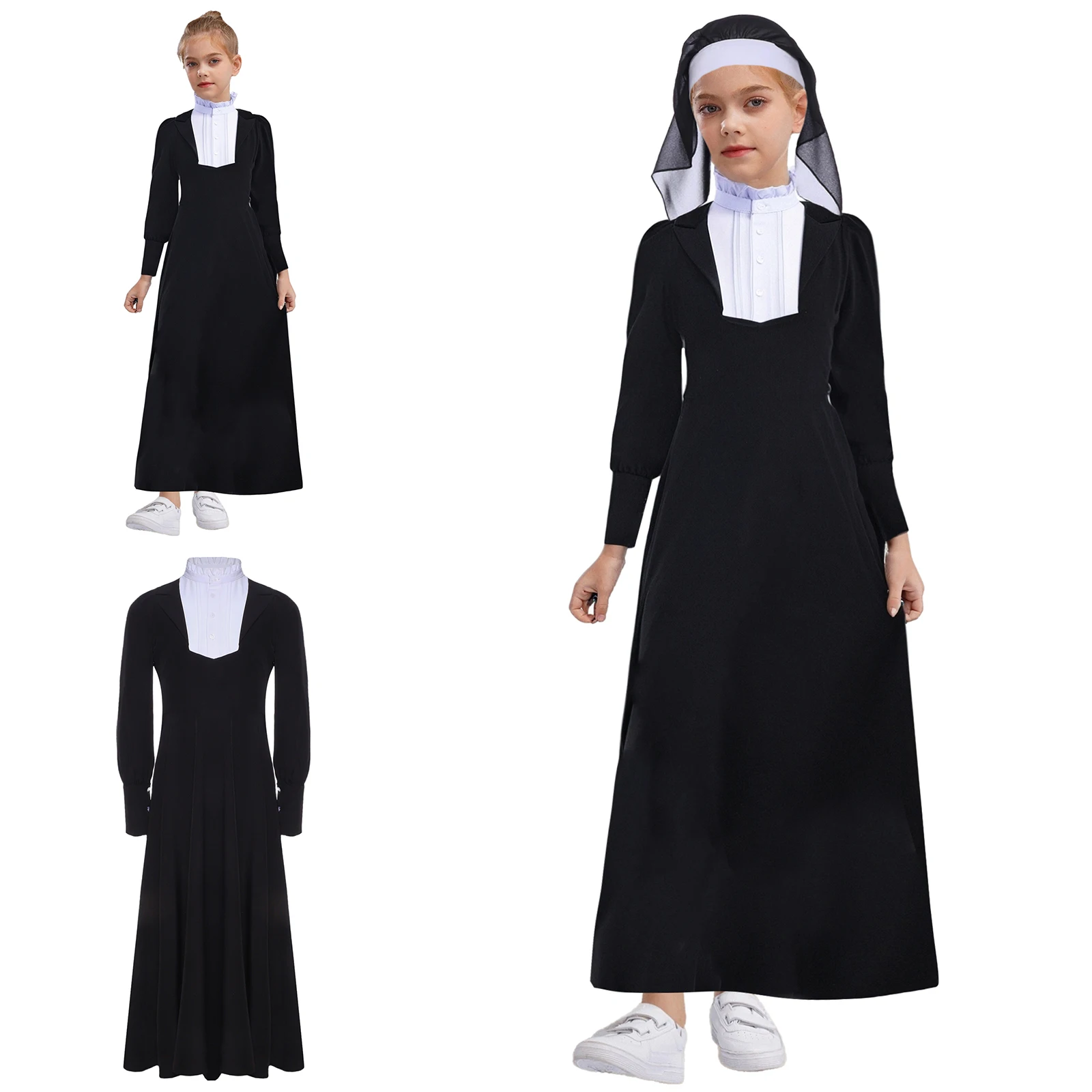 Children Girl Halloween Nun Cosplay Costume Christian Catholic Religion Missionary Priest Robe Long Sleeve Dress with Black Veil