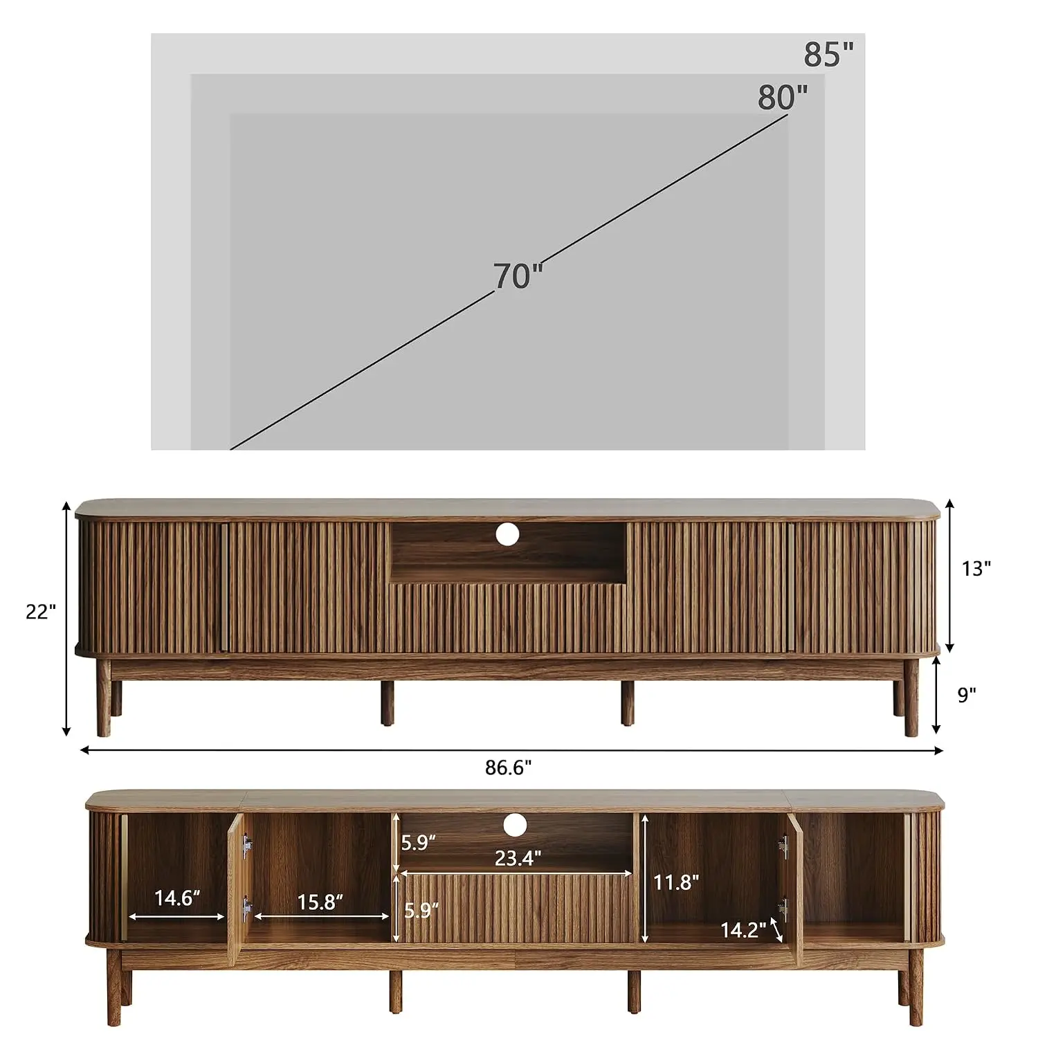 86in Fluted Walnut TV Stand for 85 Inch TV, Mid Century Media Console Table, Customized