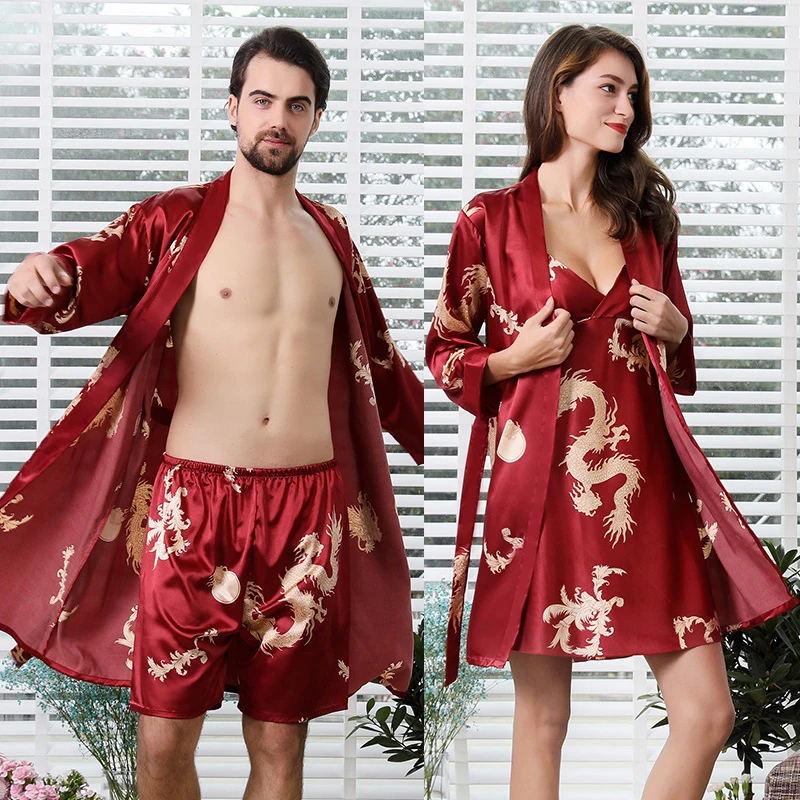 Albornoz Kimono de talla grande para hombre y mujer, ropa de dormir de satén con estampado, camisón, 2 piezas, para estar en casa