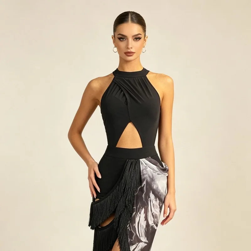 customized ZS bodysuit Latin dance wear ballroom jumpsuit for adult women with sloping shoulders art exam practice top Y309