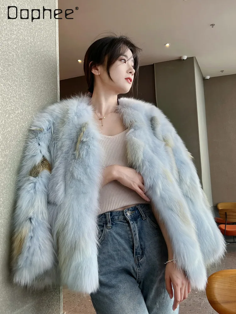 Zimowy Nowy Elegancki Płaszcz z Sztucznego Futra Lisa dla Socjeta Damska Moda Luźny Wąski Krótki Gruby Pluszowy Płaszcz Koreański Modny Płaszcz Patchworkowy