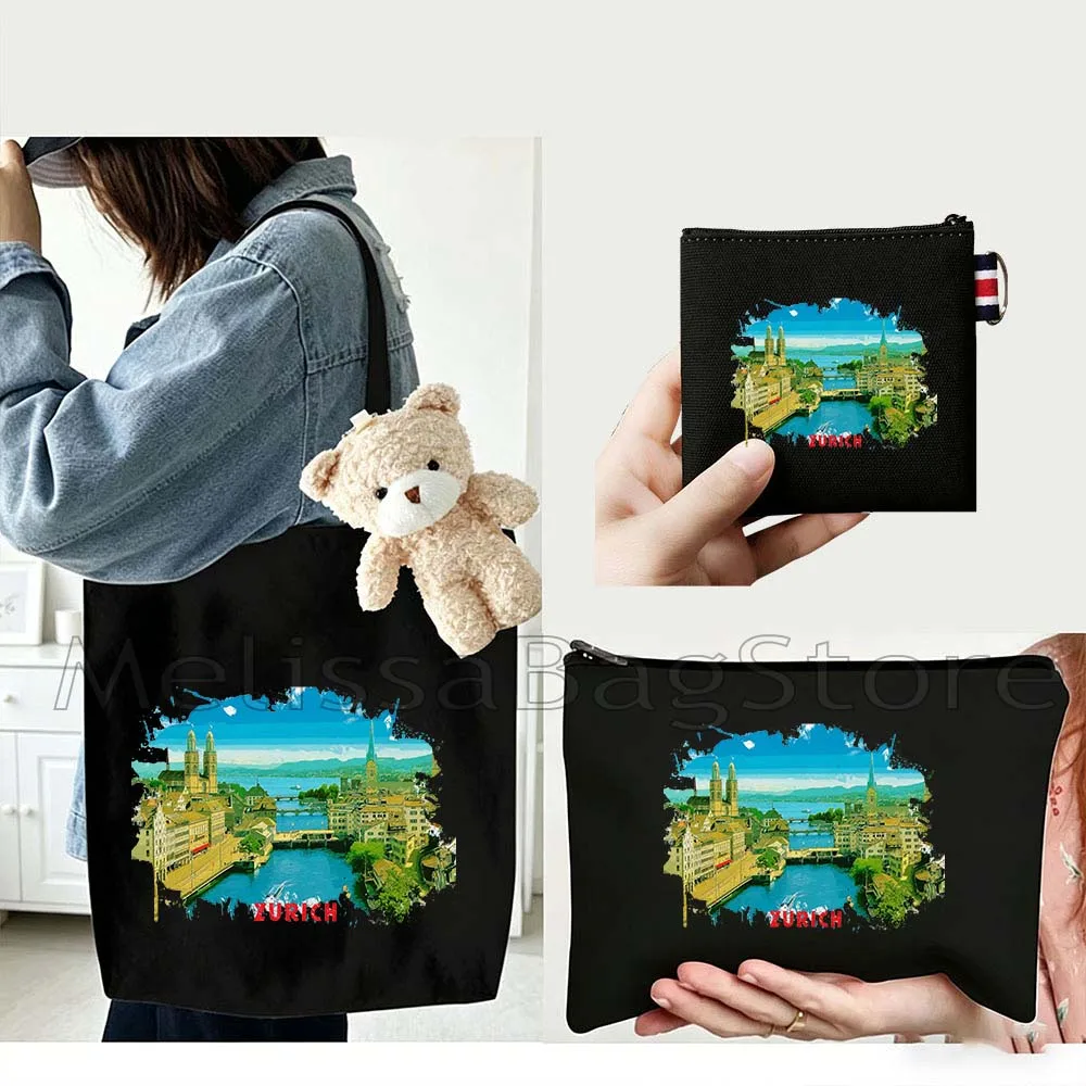 4PCS Gifts Set Zurich Switzerland Black Canvas Tote Bag Handbag with Doll Key Coin Purse Cosmetic Makeup Toilet Bag Case Pouch