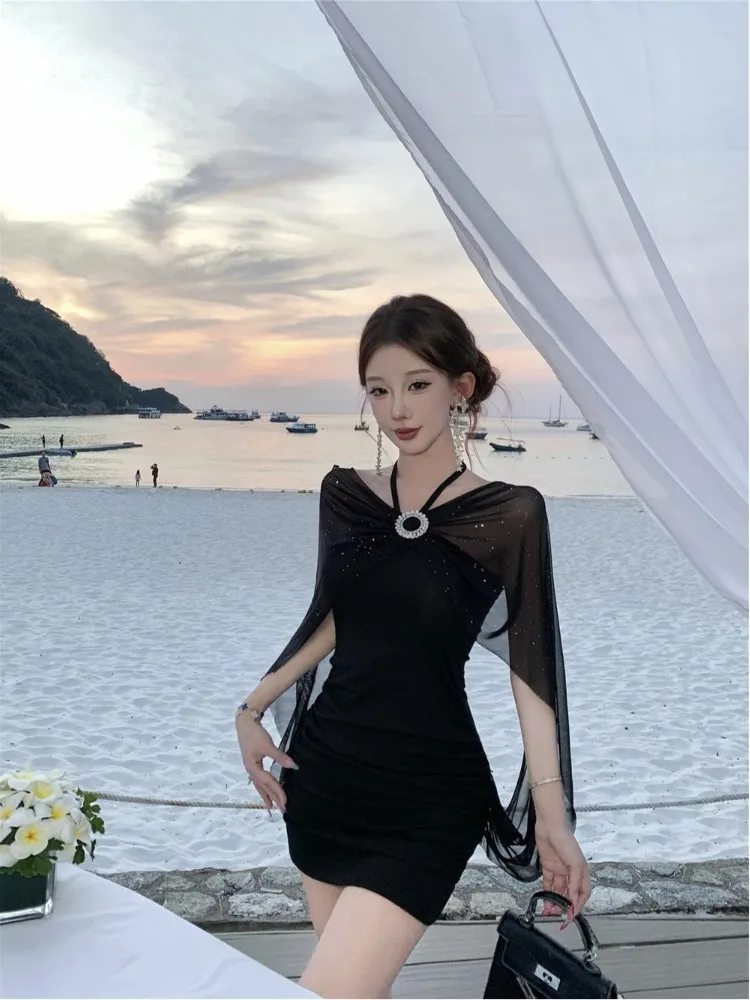 

Pure Desire Backless Hanging Neck Tube Top Dress Women's Summer High Waist Short Skirt Black Color Slim Fit Dresses